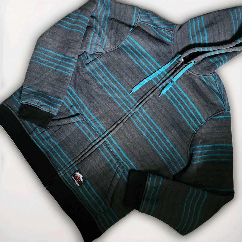 No Fear Sweatshirt Mens XL Gray & Blue Striped Full Zip Fleece Lined Hoodie Y2K - Picture 15 of 15